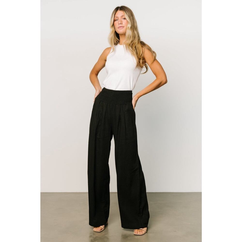 Baltic Born Parvati Smocked Waist Wide Leg Pants Black Linen Blend NWT Small
